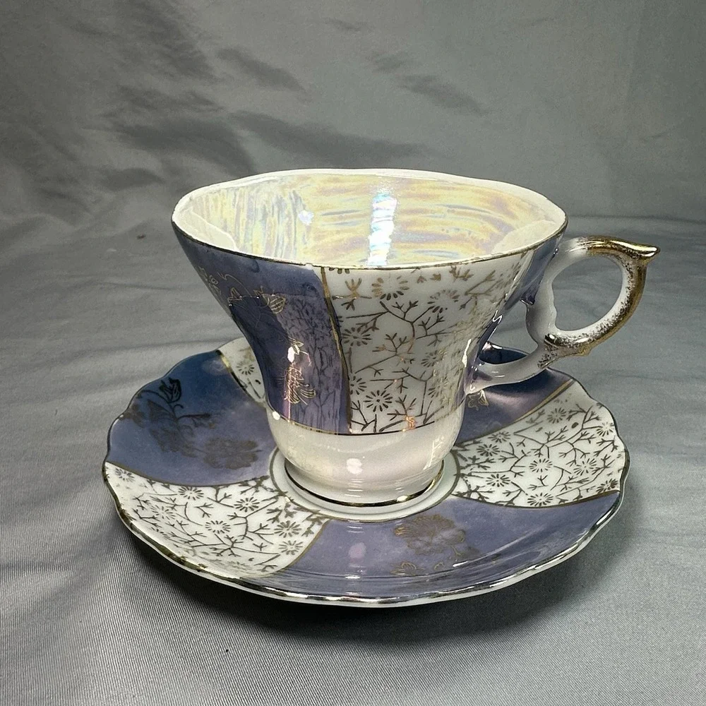 Vintage Lavender Lusterware Tea Cup Saucer Japan Gold Floral Iridescent 1950 Set